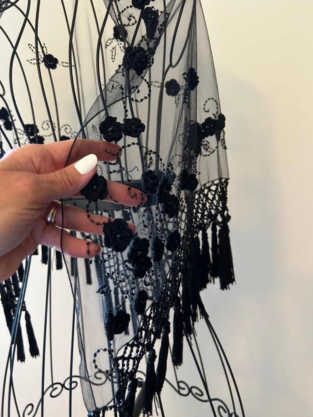 Black Lace Fringe Wrap Shawl - Elegant Evening Scarf - Picture 8 of 15